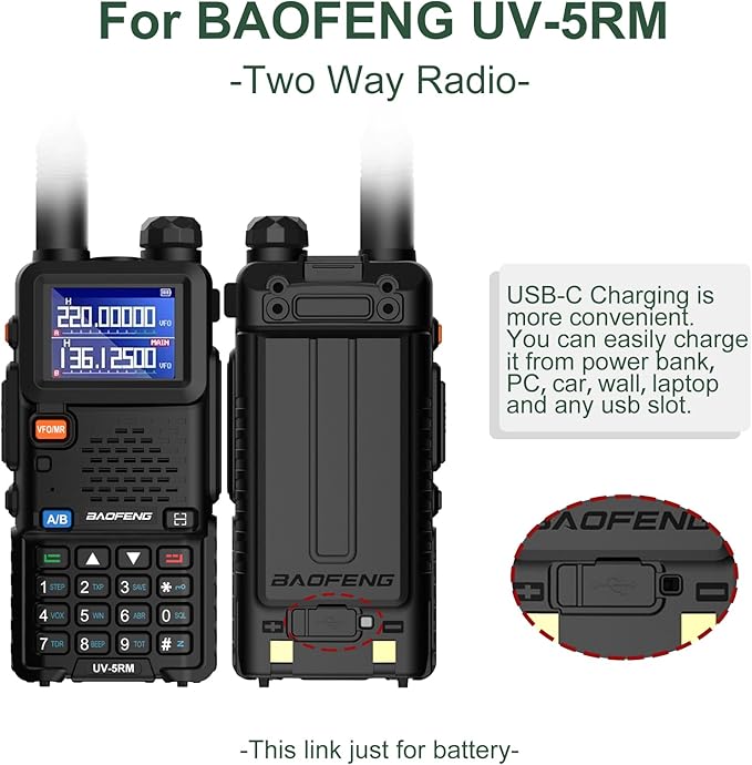BAOFENG 2 Pack UV-5RM Battery 2500mAh Enlarge Capacity for UV-5RH Two Way Radio USB-C Charging 7.4V BL-5RH Li-ion Battery Replacement GM-5RH Walkie Talkie Accessories