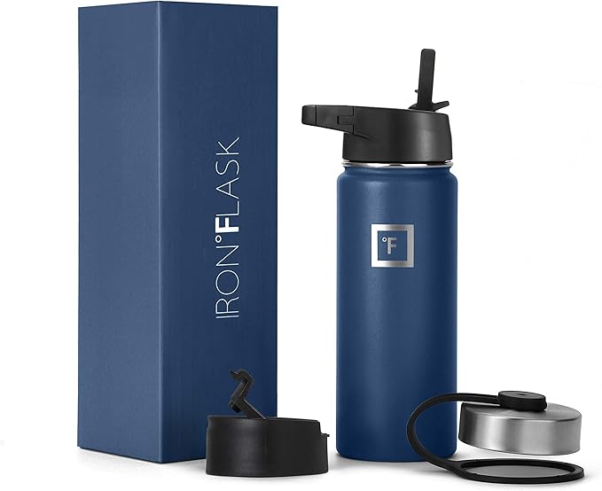 IRON °FLASK Sports Water Bottle - Wide Mouth with 3 Straw Lids - Stainless Steel Gym & Outdoor Bottles for Men, Women & Kids - Double Walled, Insulated Thermos, Metal Canteen - Twilight Blue, 18 Oz