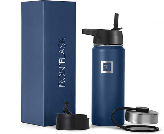 IRON °FLASK Sports Water Bottle - Wide Mouth with 3 Straw Lids - Stainless Steel Gym & Outdoor Bottles for Men, Women & Kids - Double Walled, Insulated Thermos, Metal Canteen - Twilight Blue, 18 Oz