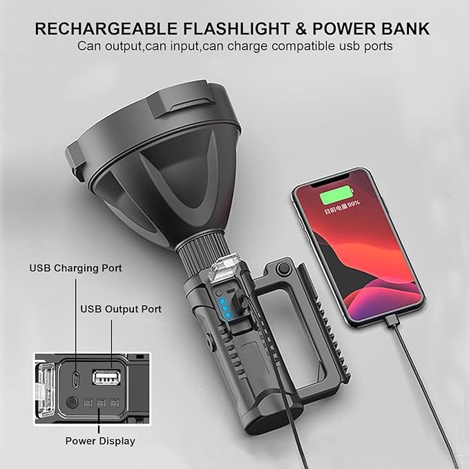 Rechargeable Spotlight Flashlight High Lumens, 900000 Lumens Super Bright Led Searchlight with Tripod and USB Output, IPX5 Waterproof 4 Modes Handheld Spotlight for Camping Emergencies