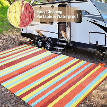 Outdoor Waterproof Rug 5'x8' Plastic Straw Rugs Washable Reversible Floor Mat Rainbow Stripe Carpet for Camping RV Deck Entryance Porch Picnic Balcony Beach Backyard