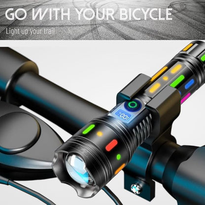 High Powered Handheld Flashlight, Rechargeable LED Flashlights with a Long-range Reach, Colorful Fluorescent Strips Body, Mechanically Zoomable, for Hunting, Searching, Fishing, Exploring, Camping