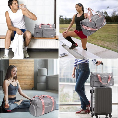 Duffel Bag for Gym Sports Workout Travel, Lightweight Waterproof Tote Bag with Shoes Compartment Wet Pocket for Women Grey with Pink Handles