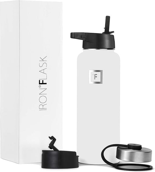 IRON °FLASK Camping & Hiking Hydration Flask, Wide Mouth, 3 Straw Lids, Stainless Steel Outdoor Water Bottle, Double Walled, Insulated Thermos, Metal Canteen - Winter White, 40 Oz