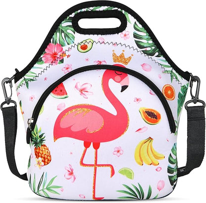 Violet Mist Neoprene Lunch Bag Reusable Insulated Cartoon Flamingo Snack Bags Animal Work Picnic Travel Tote Food Handbags, Unisex, 12.6"L x 11.8"H x 6.13"W