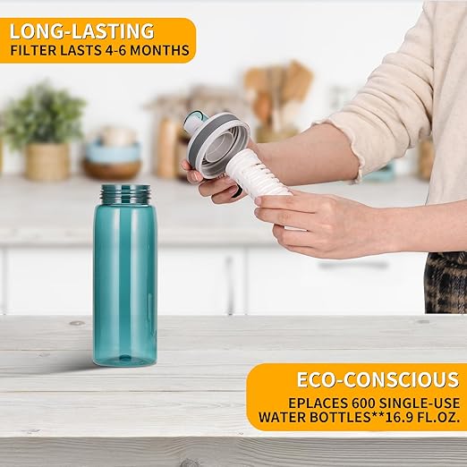 Filtered Water Bottle,Camping Water Purifier Bottle,Portable Press Water Bottle with Filter for Hiking,Travel,Survival,Backpacking, Drinking, Emergency-Green