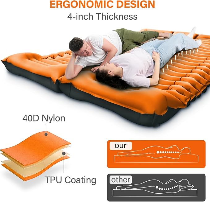 Double Camping Sleeping Pad, Self Inflatable 4'' Extra-Thick 2 Person Pillow Built-in Foot Pump Ultralight Sleeping Mat for Backpacking Tent, Hiking, Traveling-Orange