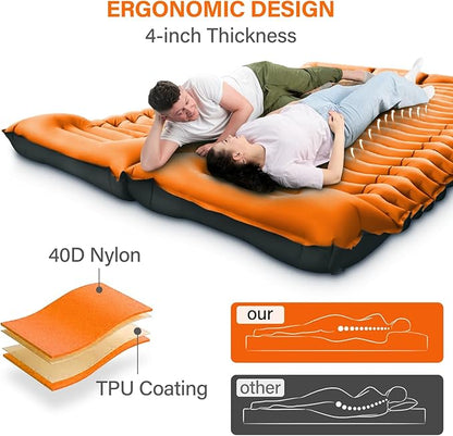 Double Camping Sleeping Pad, Self Inflatable 4'' Extra-Thick 2 Person Pillow Built-in Foot Pump Ultralight Sleeping Mat for Backpacking Tent, Hiking, Traveling-Orange
