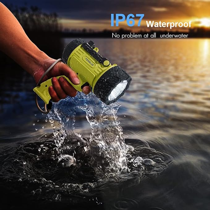 YIERBLUE Rechargeable Spotlight with 200000 Lumen LED, IP67 Waterproof Handheld Flashlight Searchlight with Detachable Red Light Filter, 24 Hours Long Running (fluorescent)