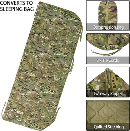 Military Poncho Liner with Zipper Camping Blanket Army Multicam Woobie Sleeping Bag Insulated Waterproof for Travel Outdoor Survival Hunting