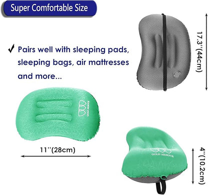 Gold Armour Inflatable Camping Pillow Backpacking Pillow Lightweight Travel Air Pillow Ultralight Ergonomic Pillow Portable for Airplanes with Neck & Lumbar Support (2 Pack) (Seafoam & Seafoam)