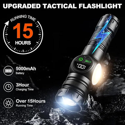 5000mAh Rechargeable Flashlight USB 5000 Lumens Outdoor Strong Cob Light, Zoomable Beam LED Flash Light with Magnet 9 Light Modes and SOS for Emergencies, Home, Camping, Hiking, Pet Walking