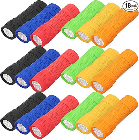 18Pack Mini Flashlights,9-LED Handheld Flashlight,Assorted Colors Mini LED Flashlight,Small Mini Flashlights with 54pcs AAA Batteries & Lanyard,Flashlight Bulk for Night Reading Camping Party Favors