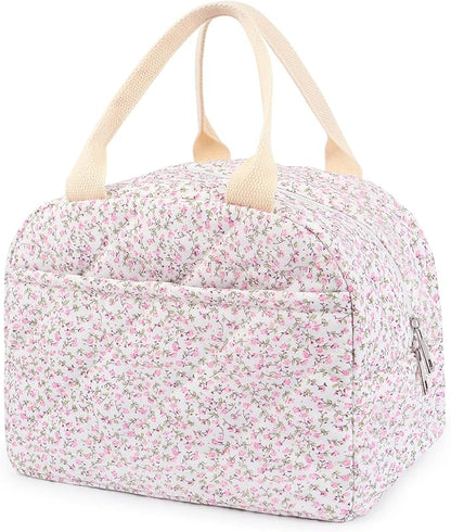 Cotton Quilted Insulated Lunch Bag, Cute Quilted Floral Lunch Tote Bags Reusable Insulated Lunch Box Coquette Aesthetic Large Capacity Insulated Cooler for Women Men Work Travel Picnic (Pink)