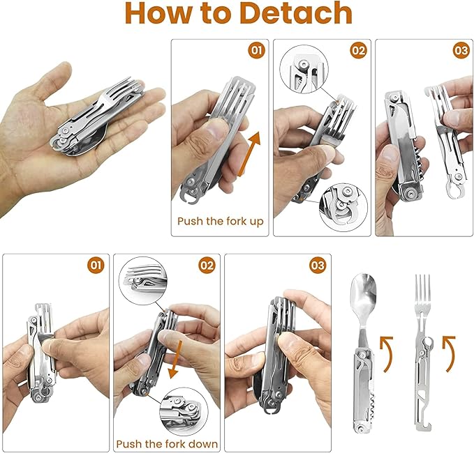 HONZIN Camping Utensil Set 5-in-1 Multi Functional Folding Flatware Set, Pocket Utensil Set Portable Detachable Stainless Steel Knife Spoon Fork Bottle Opener, Can Opener Combo Set with Carrying Bag