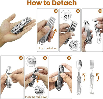 HONZIN Camping Utensil Set 5-in-1 Multi Functional Folding Flatware Set, Pocket Utensil Set Portable Detachable Stainless Steel Knife Spoon Fork Bottle Opener, Can Opener Combo Set with Carrying Bag