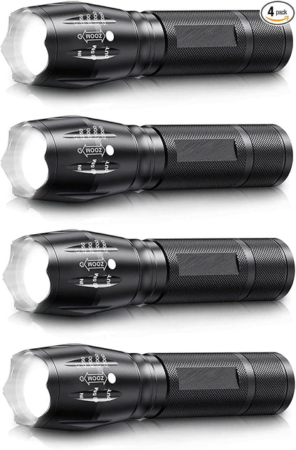Bright Tactical Flashlight 5 Modes Zoomable Portable EDC Flashlight Handheld Flashlight for Camping Hiking Emergency, 4 Pack