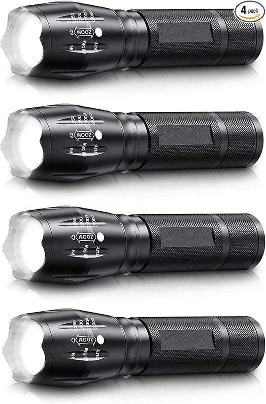 Bright Tactical Flashlight 5 Modes Zoomable Portable EDC Flashlight Handheld Flashlight for Camping Hiking Emergency, 4 Pack