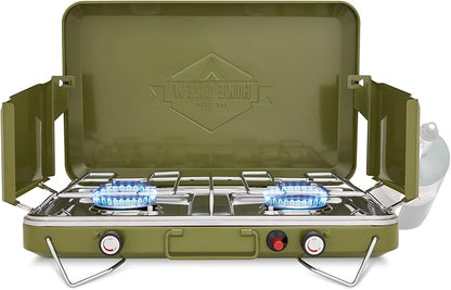 Hike Crew Gas Camping Stove | 20,000 BTU Portable Propane 2 Burner Stovetop | Integrated Igniter & Stainless Steel Drip Tray | Built-in Carrying Handle, Foldable Legs, Wind Panels | Includes Regulator