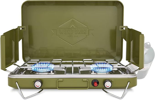Hike Crew Gas Camping Stove | 20,000 BTU Portable Propane 2 Burner Stovetop | Integrated Igniter & Stainless Steel Drip Tray | Built-in Carrying Handle, Foldable Legs, Wind Panels | Includes Regulator