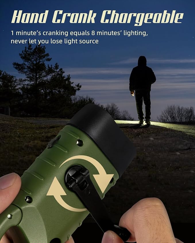 Hand Crank Solar Powered Flashlights,Compact Emergency Rechargeable LED Flashlight Handheld Survival Flashlight,Quick Snap Carbiner Dynamo Flashlight for Outdoor,Sports,Hiking-Army Green
