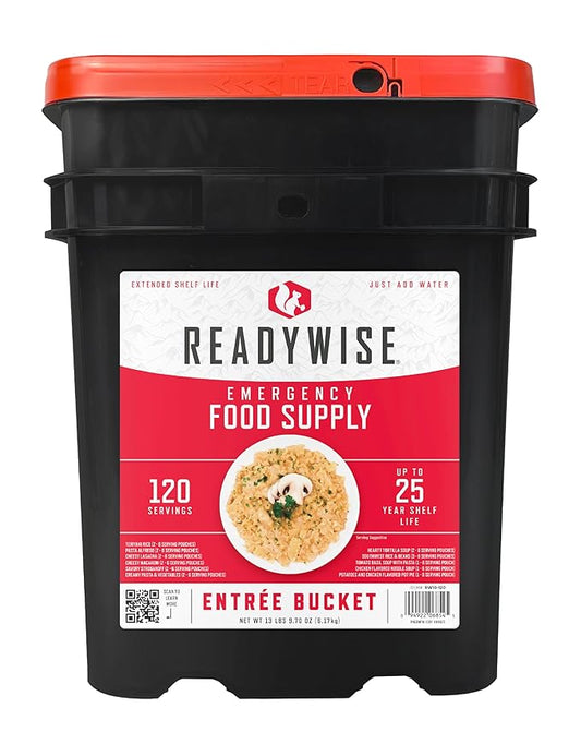 READYWISE - Emergency Food Supply Bucket, 120 Servings, MRE Meal Food Supply, Premade, Freeze Dried Survival Food for Hiking, Adventure & Camping Essentials, Individually Packaged, 25 Year Shelf Life