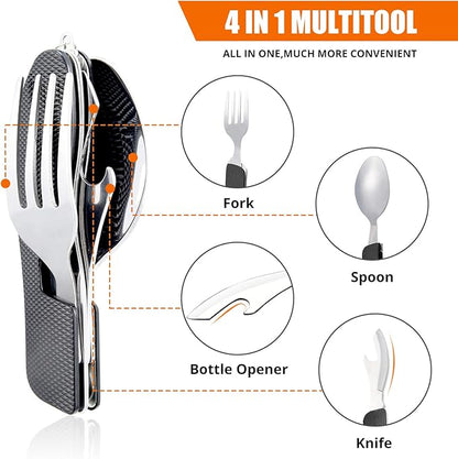Camping Utensil HIKENTURE 4-In-1 Stainless Steel Fork Knife Spoon Bottle Opener Set with Storage Case (Black)