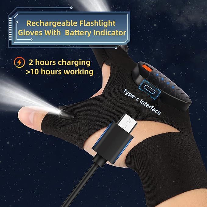 Rechargeable LED Flashlight Gloves, Gifts for Men Dad Him Boyfriend Birthday Christmas, Cool Gadgets Waterproof Hands-Free Light Gloves with Battery Indicator for Repairing Fishing Camping