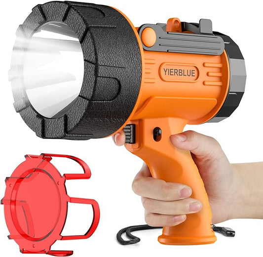 YIERBLUE Rechargeable Spotlight, Waterproof Handheld Flashlight, 200000 Lumens LED, 10000mAh Battery, IP67 Waterproof, 3 Adaptable Settings, 18W USB-C Port