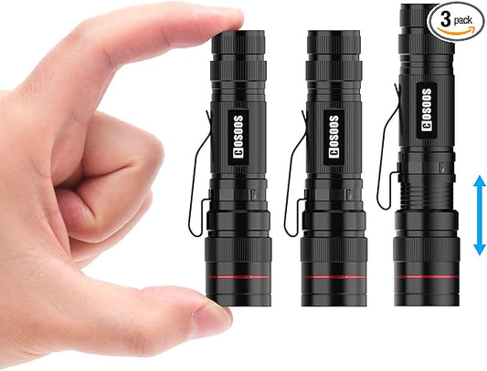 COSOOS 3 Mini LED Tactical Flashlights with Clip, 3.7inch Zoomable Bright AA Flashlight High Lumen, Pocket-Size Penlight, 1 Light Mode, Small Portable Waterproof Pen Flash Light for Camping