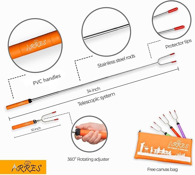 Marshmallow Roasting Sticks kit-Telescoping Stainless Steel Cookware Set Forks for Smores & Best Camping Accessories for Kids Over Campfire & Hot Dog Fire Pit Cooking