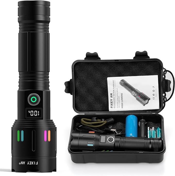 Rechargeable Flashlight, LED 120000 Lumens, Tactical Flashlight with Zoomable, 5 Modes, Power Indicator, IPX7 Waterproof, Super Bright Flashlight for Camping, Hiking, Emergency, Home