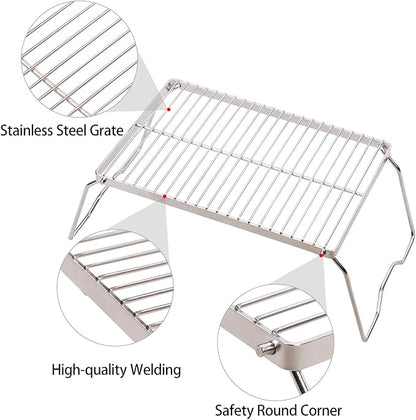 Campfire Grill 304 Stainless Steel Grate, Folding Camping Grill Heavy Duty with Carrying Bag, Medium