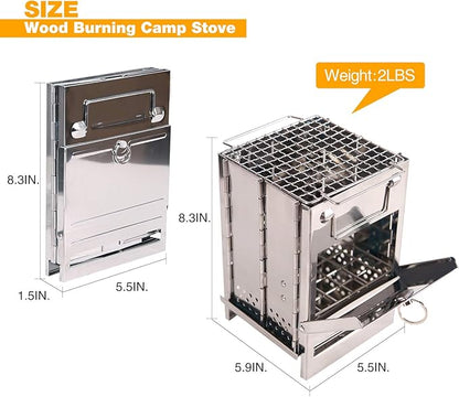 Portable Folding Camping Wood Stove for Outdoor Cooking, Lightweight Stainless Steel Wood Burning Camp Stove with Grill for Backpacking BBQ Picnic, Small