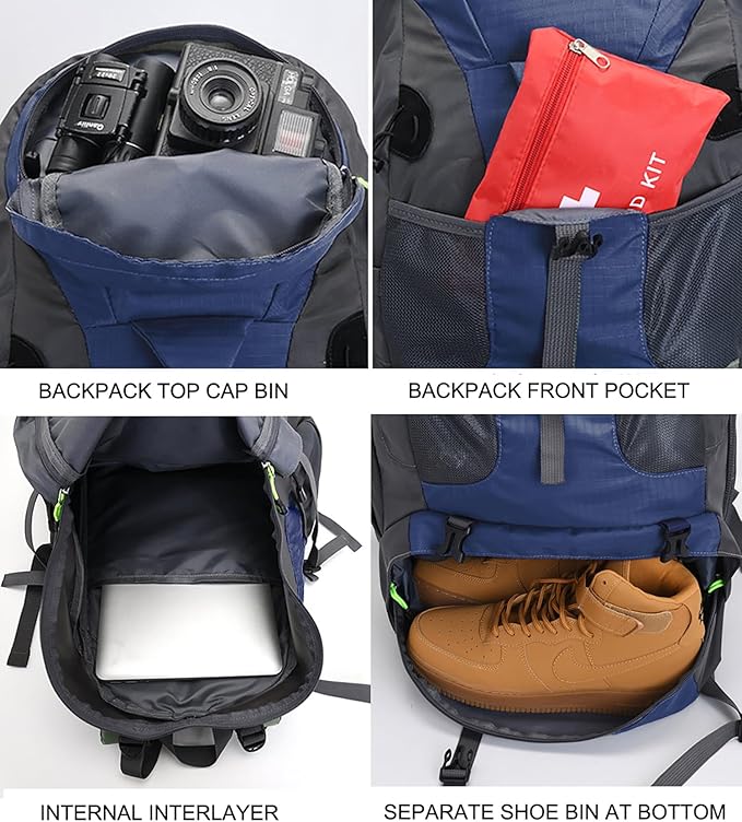 Bseash 50L Hiking Backpack, Water Resistant Lightweight Outdoor Sport Daypack Travel Bag for Camping Climbing Touring (Navy Blue - With Shoe Compartment)