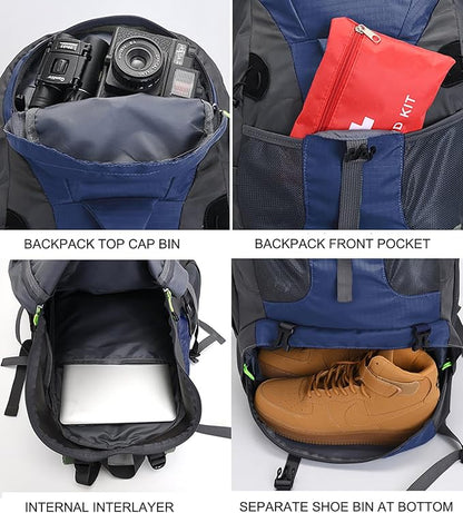 Bseash 50L Hiking Backpack, Water Resistant Lightweight Outdoor Sport Daypack Travel Bag for Camping Climbing Touring (Navy Blue - With Shoe Compartment)