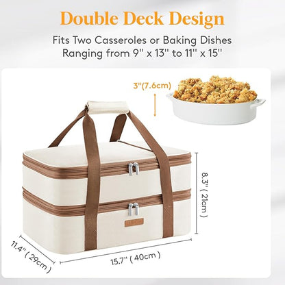 Double Decker Insulated Casserole Carrier for Hot or Cold Food, Lasagna Lugger Tote for Potluck Parties/Picnic/Cookouts, Fits 9"×13" Baking Dish, Cream