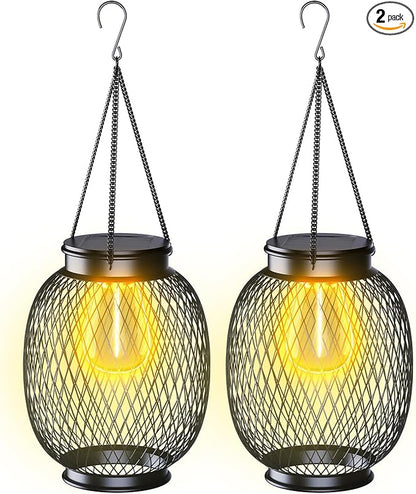 Lanterns Outdoor Waterproof, Collasis 2 Pack Vintage Metal Hanging Lanterns with Hooks Solar Garden Decoration Lights Solar Lights Outdoor for Patio Balcony Yard Lawn, Black
