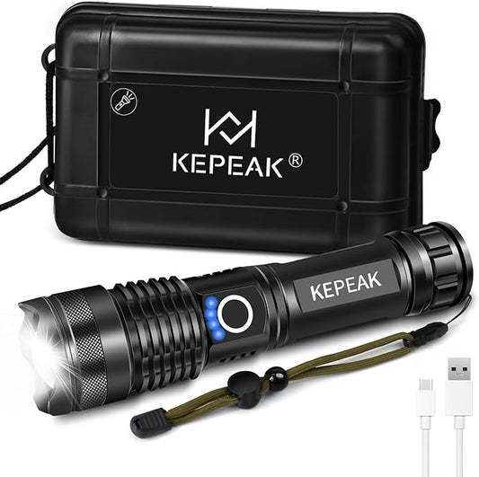 KEPEAK Rechargeable LED Flashlight High Lumens, Super Bright 10000 Lumens Tactical Handheld Flash Light, Water-Resistant, Zoomable, 5 Light Modes for Emergency, Camping