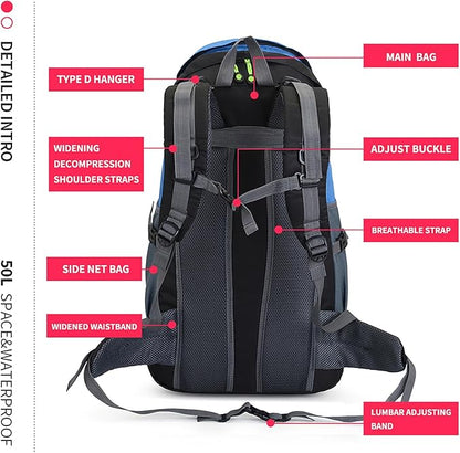 Bseash 50L Hiking Backpack, Water Resistant Lightweight Outdoor Sport Daypack Travel Bag for Camping Climbing Touring (Light Blue - No Shoe Compartment)