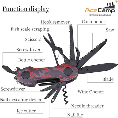 14-in-1 pocket multi-tool, camo stainless steel tool with blade, scissors, corkscrew, serrated, screwdriver, outdoor, fishing, hiking, camping Green