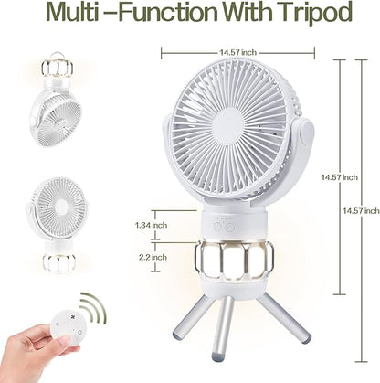 3-in-1 Portable Camping Battery Powered Fan with LED Lantern, Fan 8H Timer 270°Rotation Battery Operated Fan, 10400mAh Rechargeable USB Desk Beach Fan with Hook&Tripod, Super Quiet