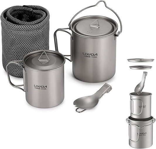 Lixada Camping Titanium Pot,750ml Titanium Pot with 450ml Water Cup Mug Folding Spork Camping Cookware Set for Outdoor Camping Hiking Backpacking