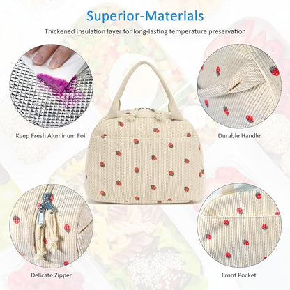 Lunch Bag, Beige Corduroy with Strawberry Pattern, Insulated Thermal Tote, Portable and Reusable Cooler for School or Work, 8.5L