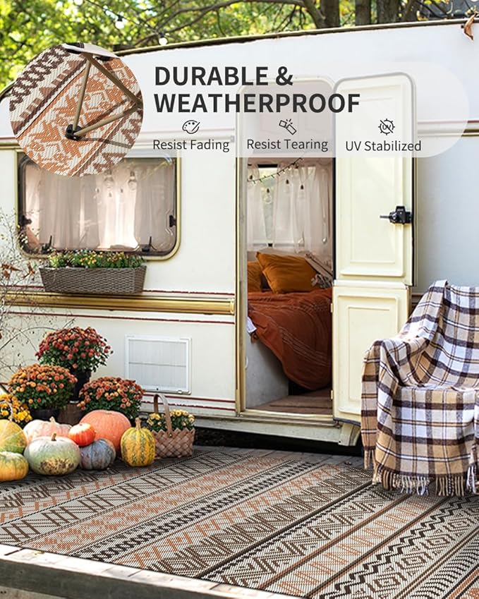 MontVoo Outdoor Rug Carpet 8x10 Waterproof-Patio Rug Mat Reversible RV Camping Rug Picnic Mat Plastic Straw Outside Rug for Balcony Porch Deck Beach-Boho Outdoor Area Rug for Patio Decor Colorful