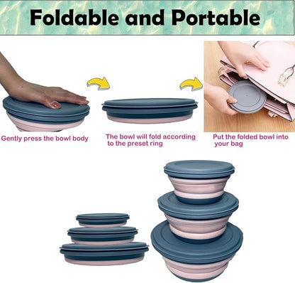 RMAMSCOV Camping Bowl, 3 PCS Food Grade Silicone Collapsible Bowl Lunch Box Salad Bowl with Lid, Expandable Food Storage Containers Set with Free folding tableware and storage bag (Pink)