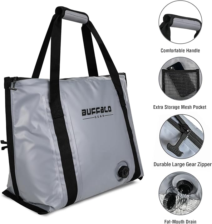 Buffalo Gear Insulated Fish Cooler - 27.5QT 58QT Waterproof Flat Bottom Bag, Leakproof and Fishing Kill Bag