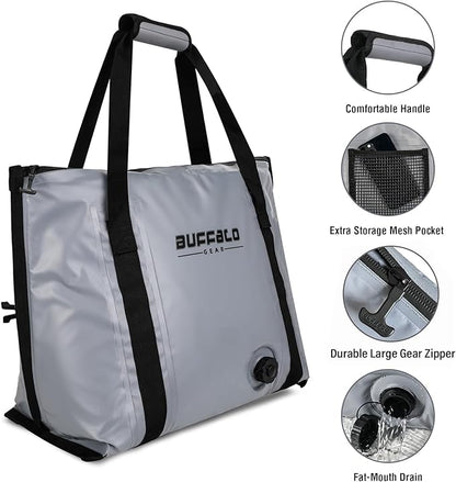 Buffalo Gear Insulated Fish Cooler - 27.5QT 58QT Waterproof Flat Bottom Bag, Leakproof and Fishing Kill Bag