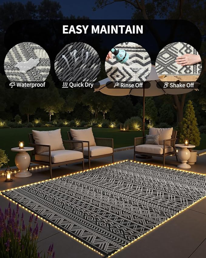 MontVoo-Outdoor Rug Carpet 8x10 ft for Patio RV Camping with Led Strip Lights Waterproof Plastic Straw Rug Reversible Portable Outside Indoor Outdoor Rug Mat for Patio Decor Balcony Picnic-Boho Rug