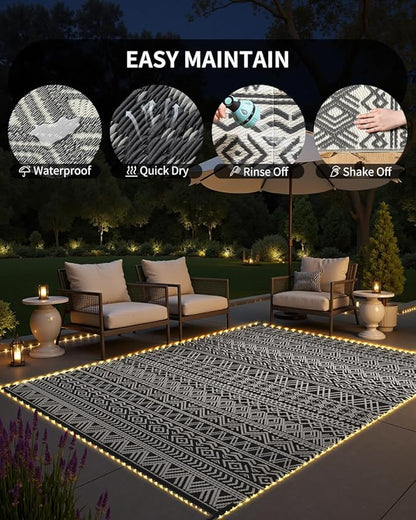 MontVoo-Outdoor Rug Carpet 8x10 ft for Patio RV Camping with Led Strip Lights Waterproof Plastic Straw Rug Reversible Portable Outside Indoor Outdoor Rug Mat for Patio Decor Balcony Picnic-Boho Rug
